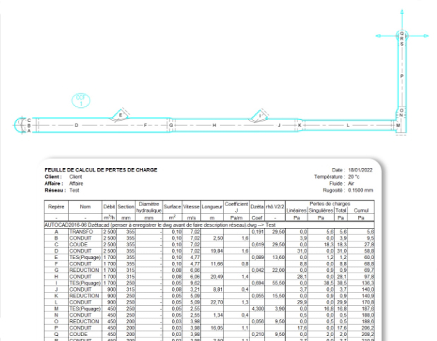 Tableau de calcul de perte de charges avec Dzetacad