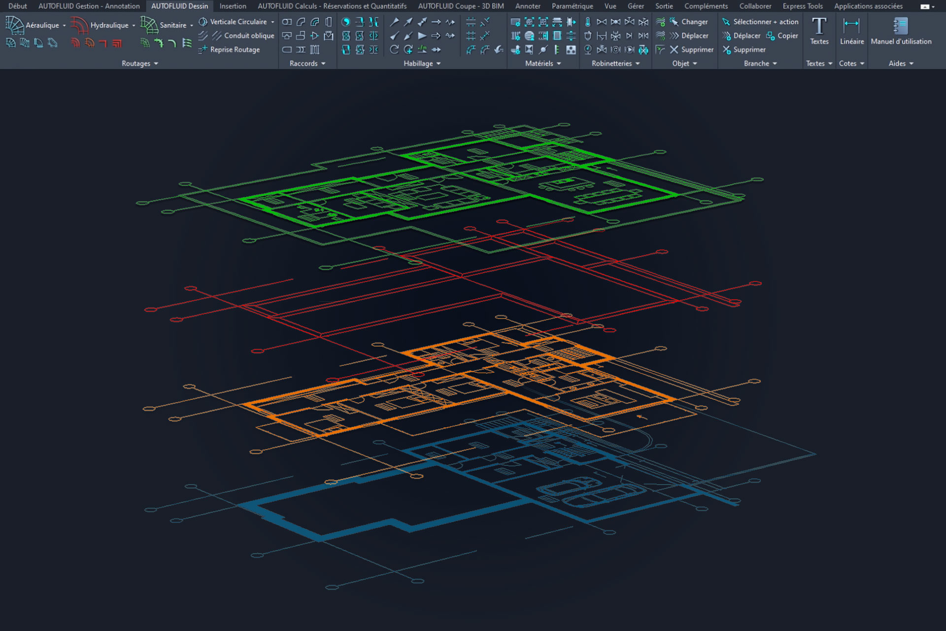 Les reseaux de fluides sur le bon niveau de la maquette BIM avec AUTOBIM3D de la suite AUTOFLUID